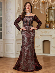 Burgundy Sequin Corset Off Shoulder Mermaid Evening Gown