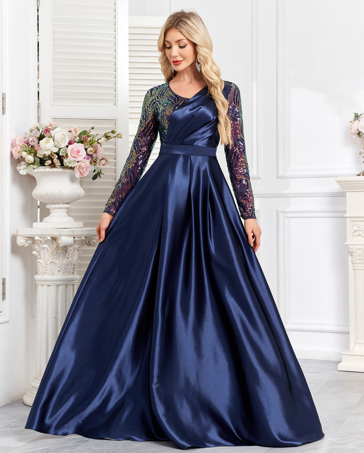 Navy Blue Embroidered Long Sleeve A-Line Satin Plus Size Evening Gown