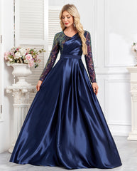 Navy Blue Embroidered Long Sleeve A-Line Satin Plus Size Evening Gown