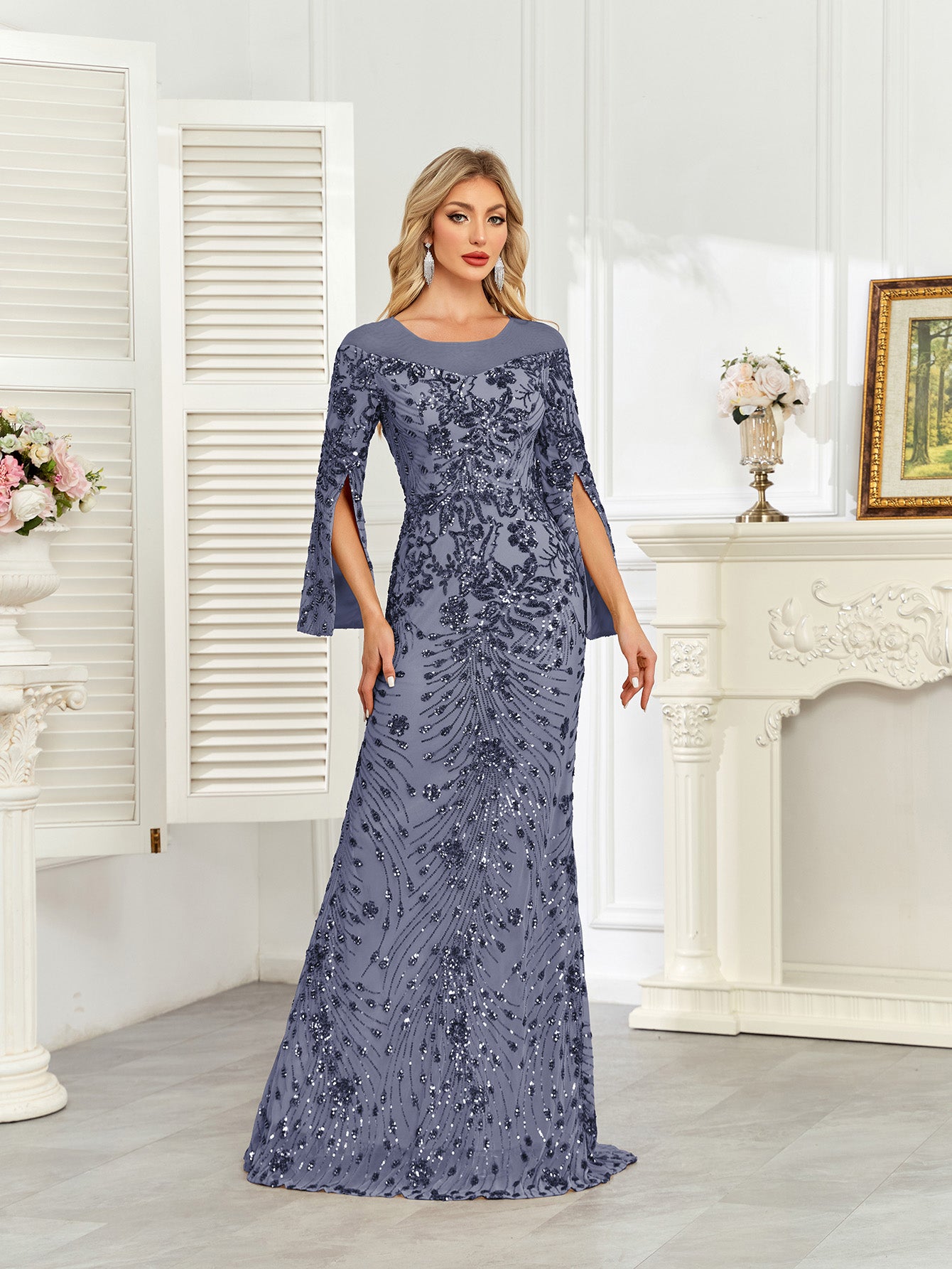 Royal Blue Sequin Split Flare‑Sleeve Mermaid Evening Gown