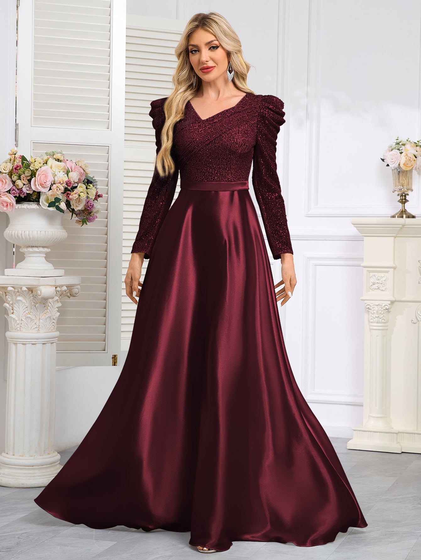 Dark Blue Satin Sequin Maxi Dress