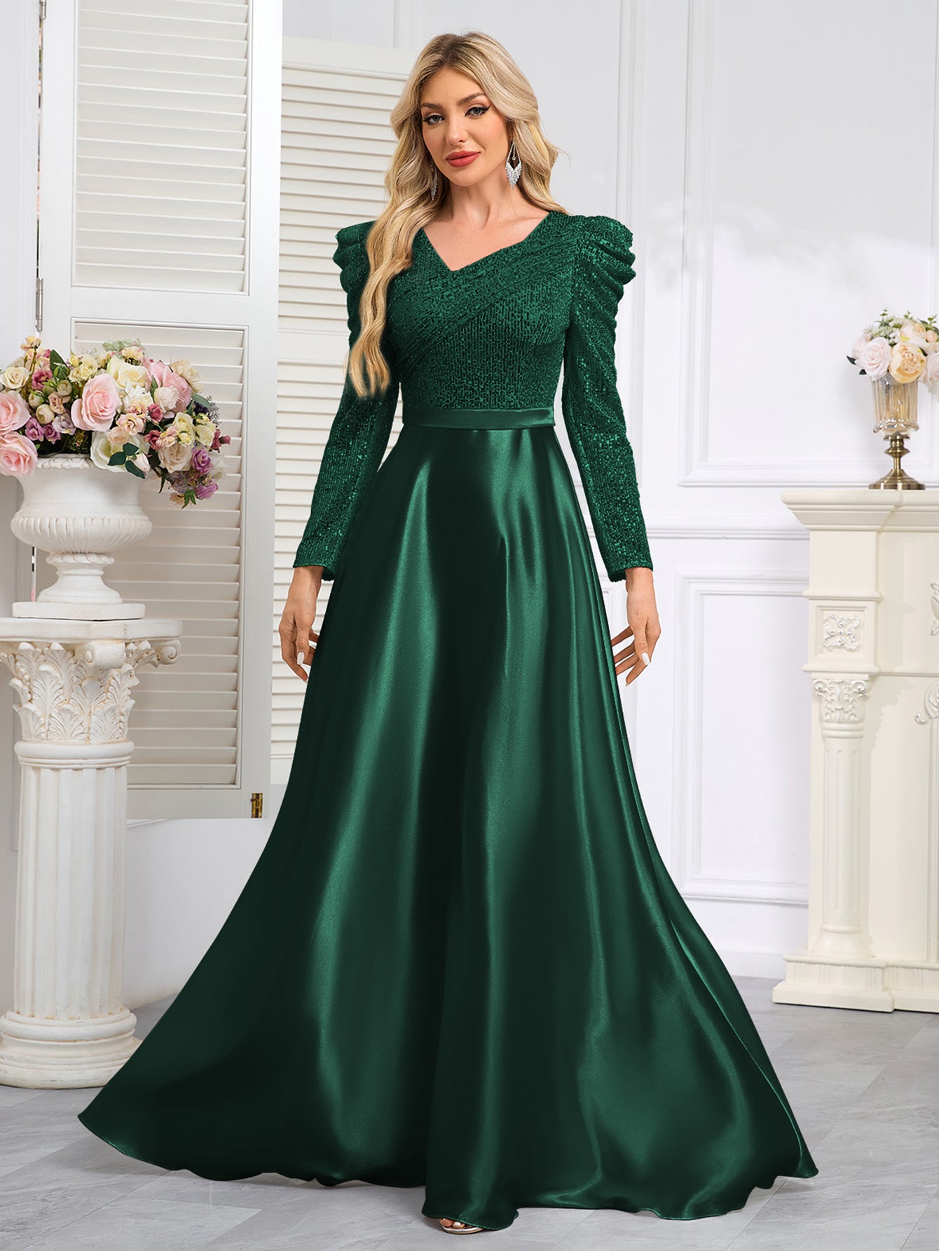 Dark Blue Satin Sequin Maxi Dress