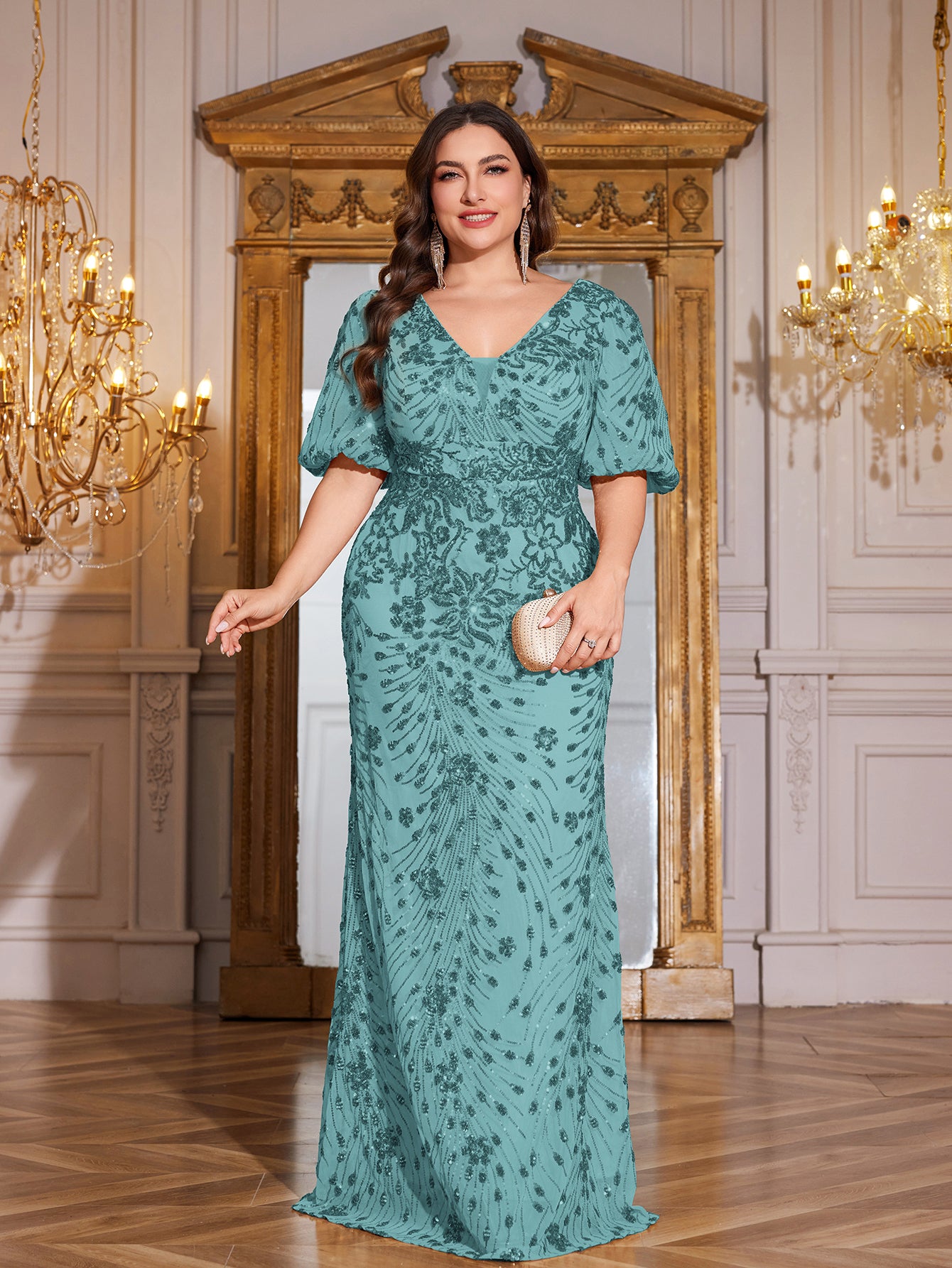 Navy Blue Sequin Puff Short Sleeve Mermaid Plus Size Evening Gown