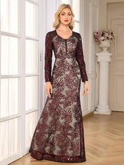 Burgundy Floral Sequin Long Sleeve Mermaid Evening Gown