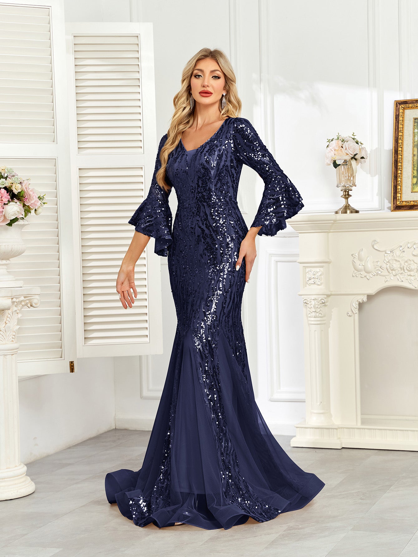 Champagne Gold Sequin Bell Sleeve Mermaid Evening Gown