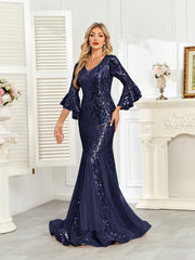 Champagne Gold Sequin Bell Sleeve Mermaid Evening Gown