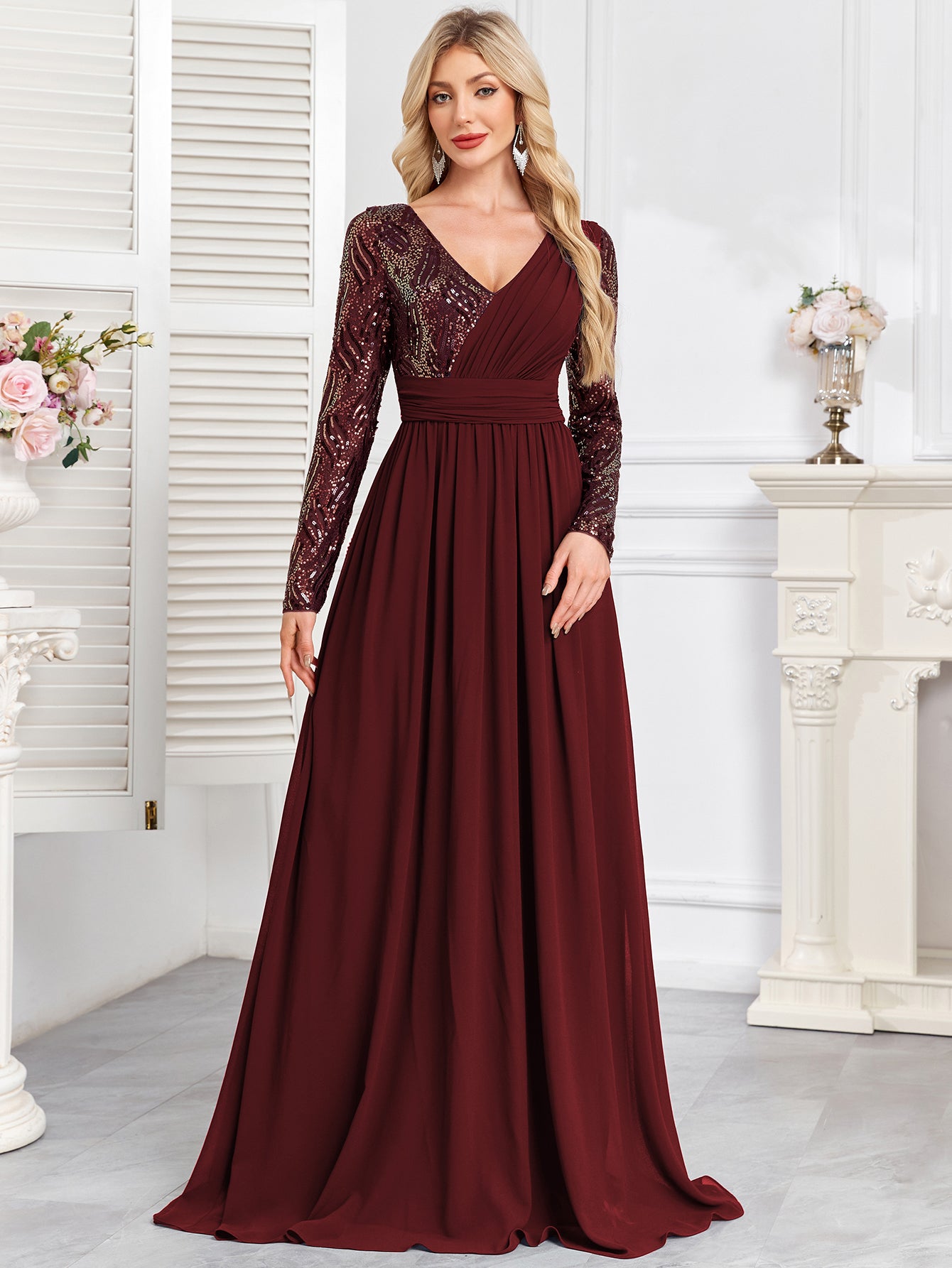 Navy Blue Multicolor Sequin Long Sleeve A‑Line Evening Gown