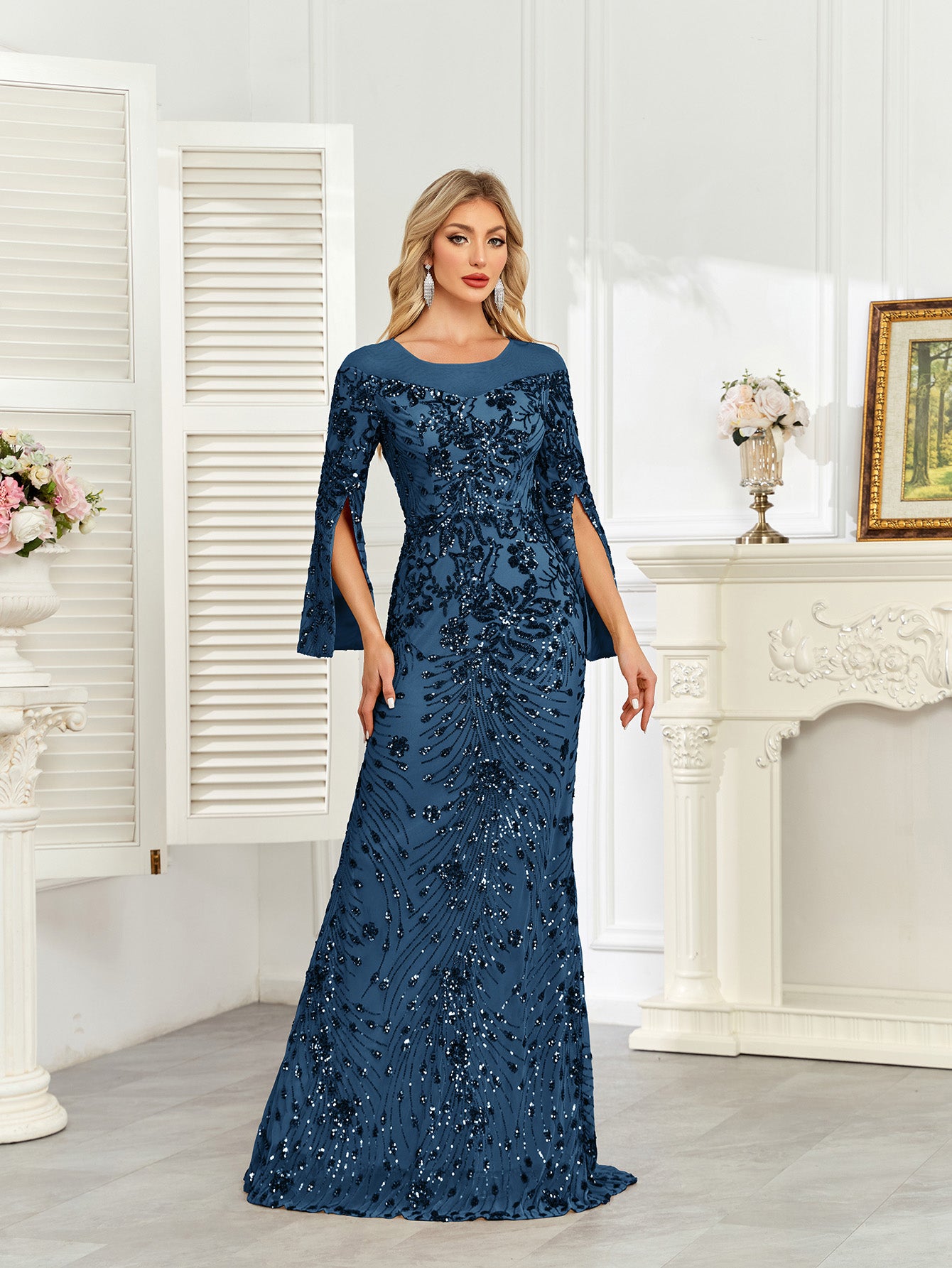 Royal Blue Sequin Split Flare‑Sleeve Mermaid Evening Gown
