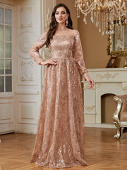 Rose Gold Floral Sequin Long Sleeve A‑Line Evening Gown