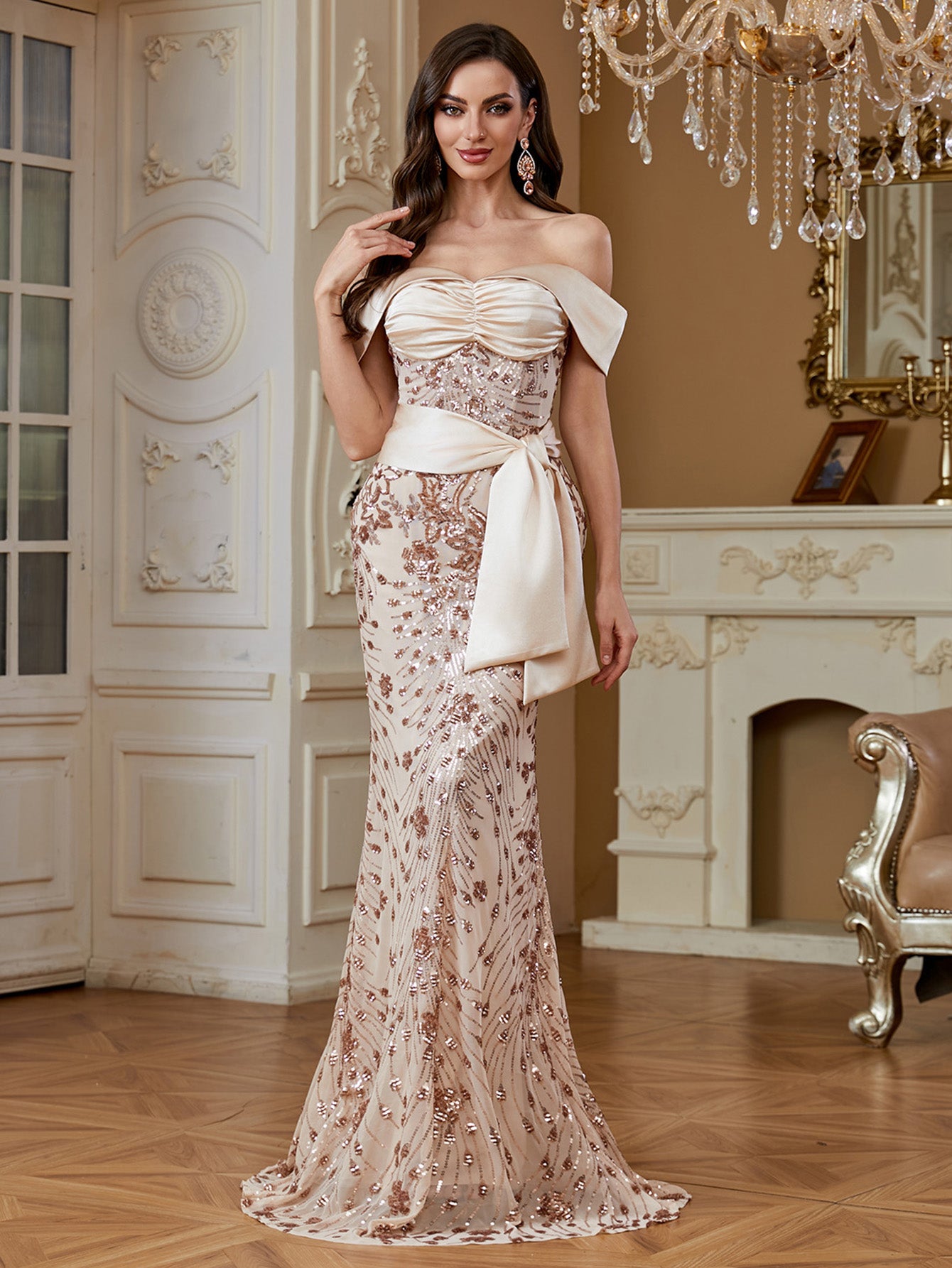 Champagne Sequin Satin Bow Off‑Shoulder Mermaid Dress