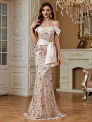 Champagne Sequin Satin Bow Off‑Shoulder Mermaid Dress