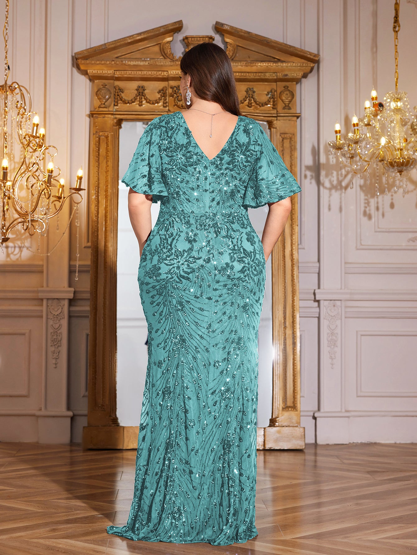 Royal Blue Sequin Flutter Sleeve Mermaid Evening Gown
