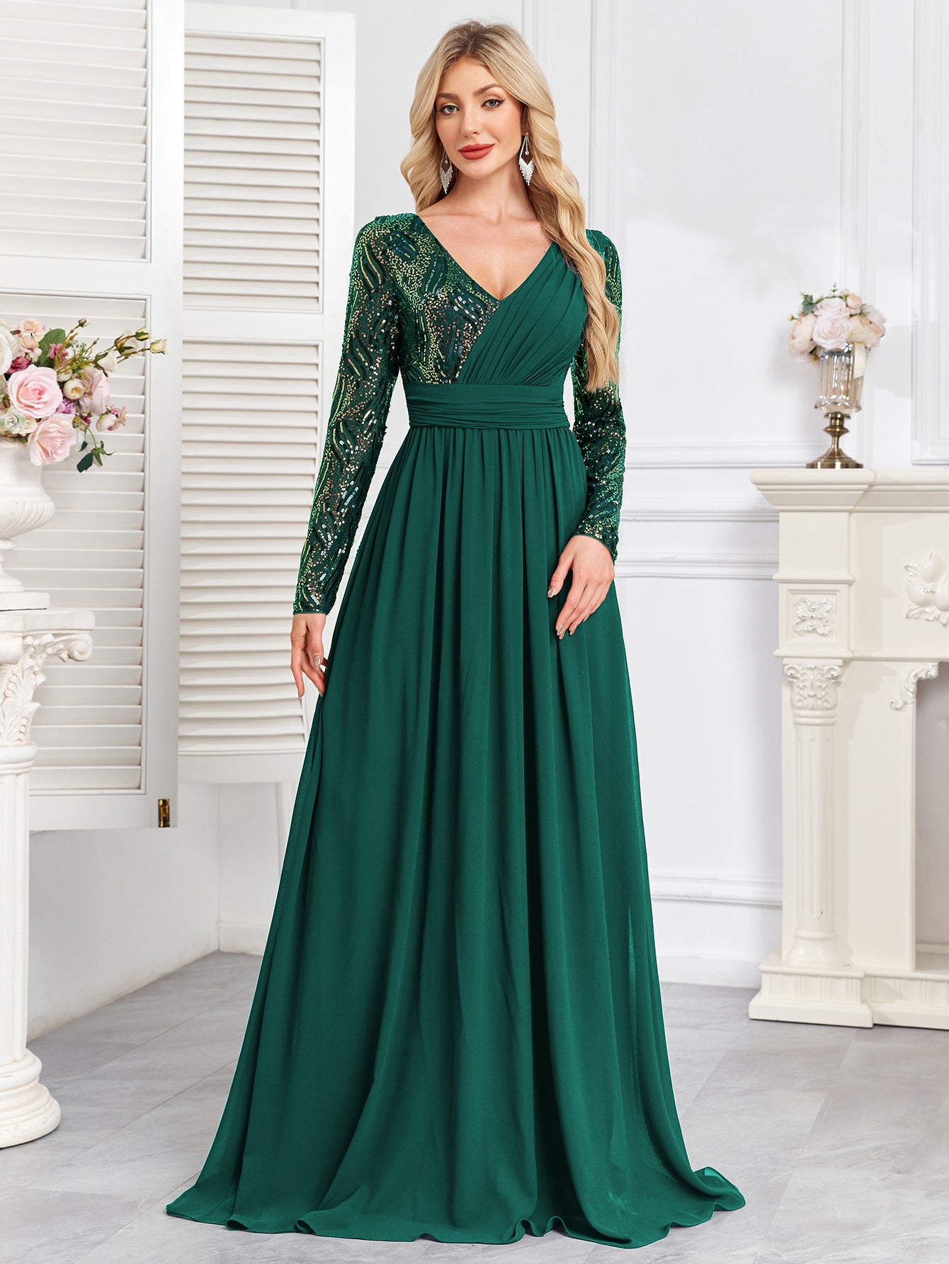 Navy Blue Multicolor Sequin Long Sleeve A‑Line Evening Gown