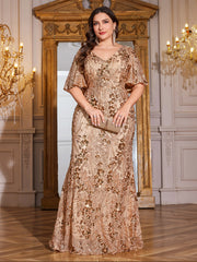Champagne Gold Sequin Flutter Sleeve Mermaid Plus Size Evening Gown