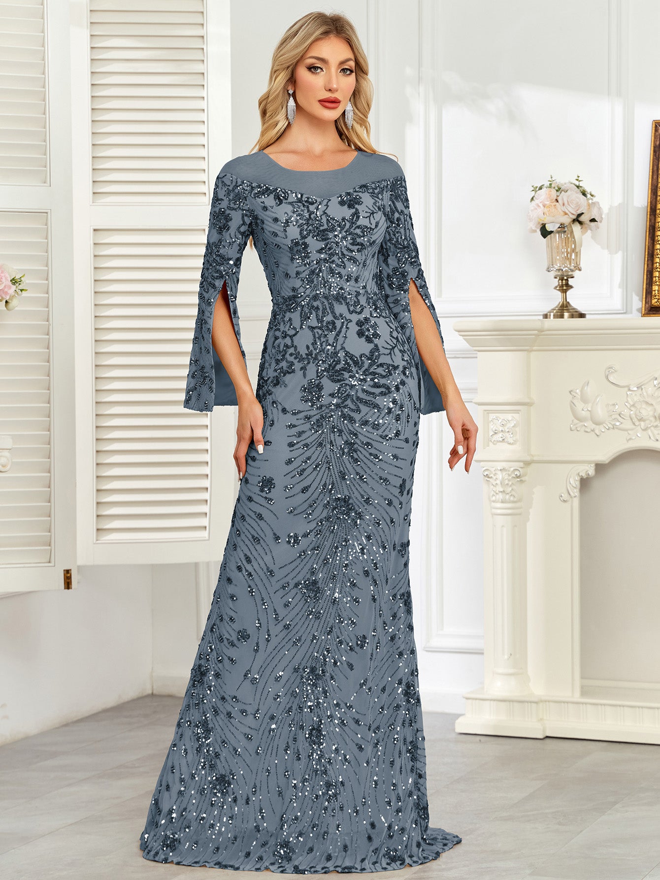 Royal Blue Sequin Split Flare‑Sleeve Mermaid Evening Gown