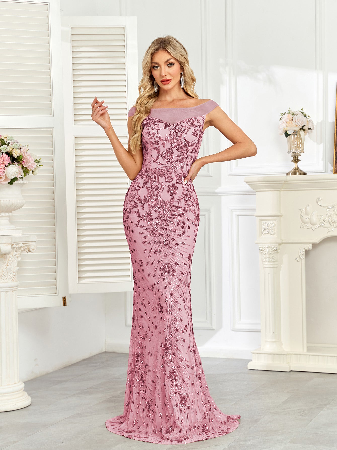 Royal Blue Sequin Off‑Shoulder Mermaid Evening Gown