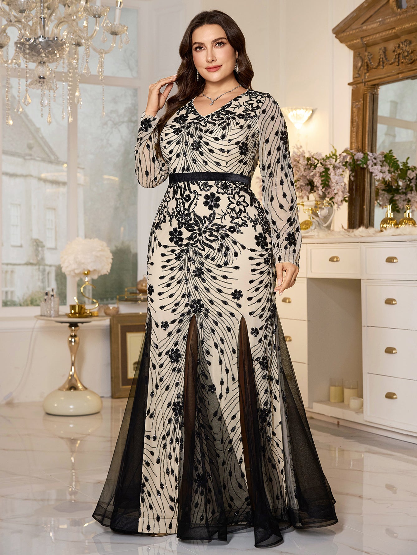 Beige‑Base Black Floral Sequin V‑Neck Long‑Sleeve Split Plus‑Size Mermaid Evening Gown