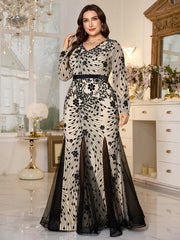 Beige‑Base Black Floral Sequin V‑Neck Long‑Sleeve Split Plus‑Size Mermaid Evening Gown