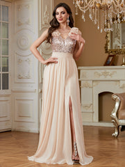 Champagne Sequin Floral V Neck Split A Line Long Evening Dress