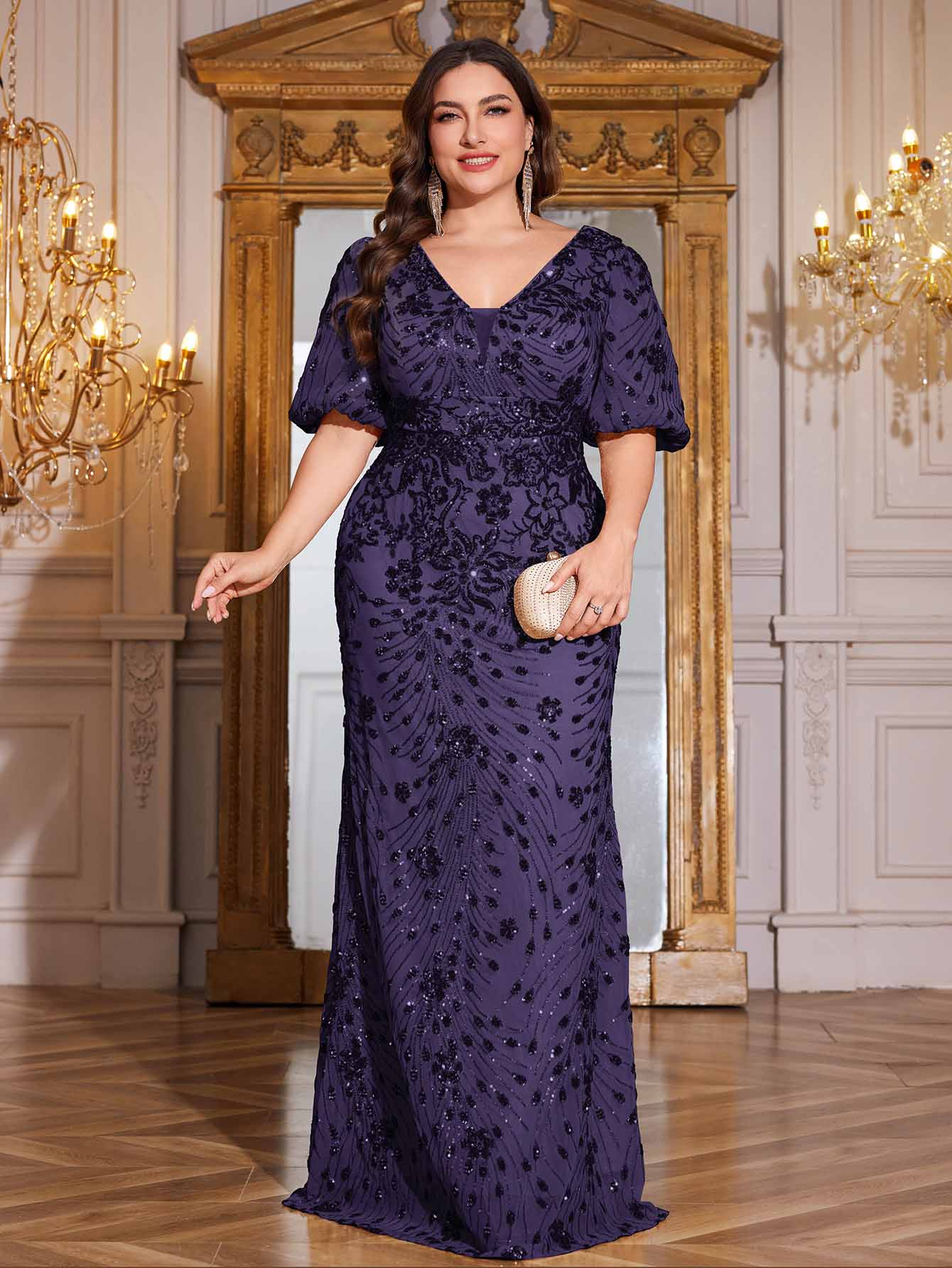 Navy Blue Sequin Puff Short Sleeve Mermaid Plus Size Evening Gown