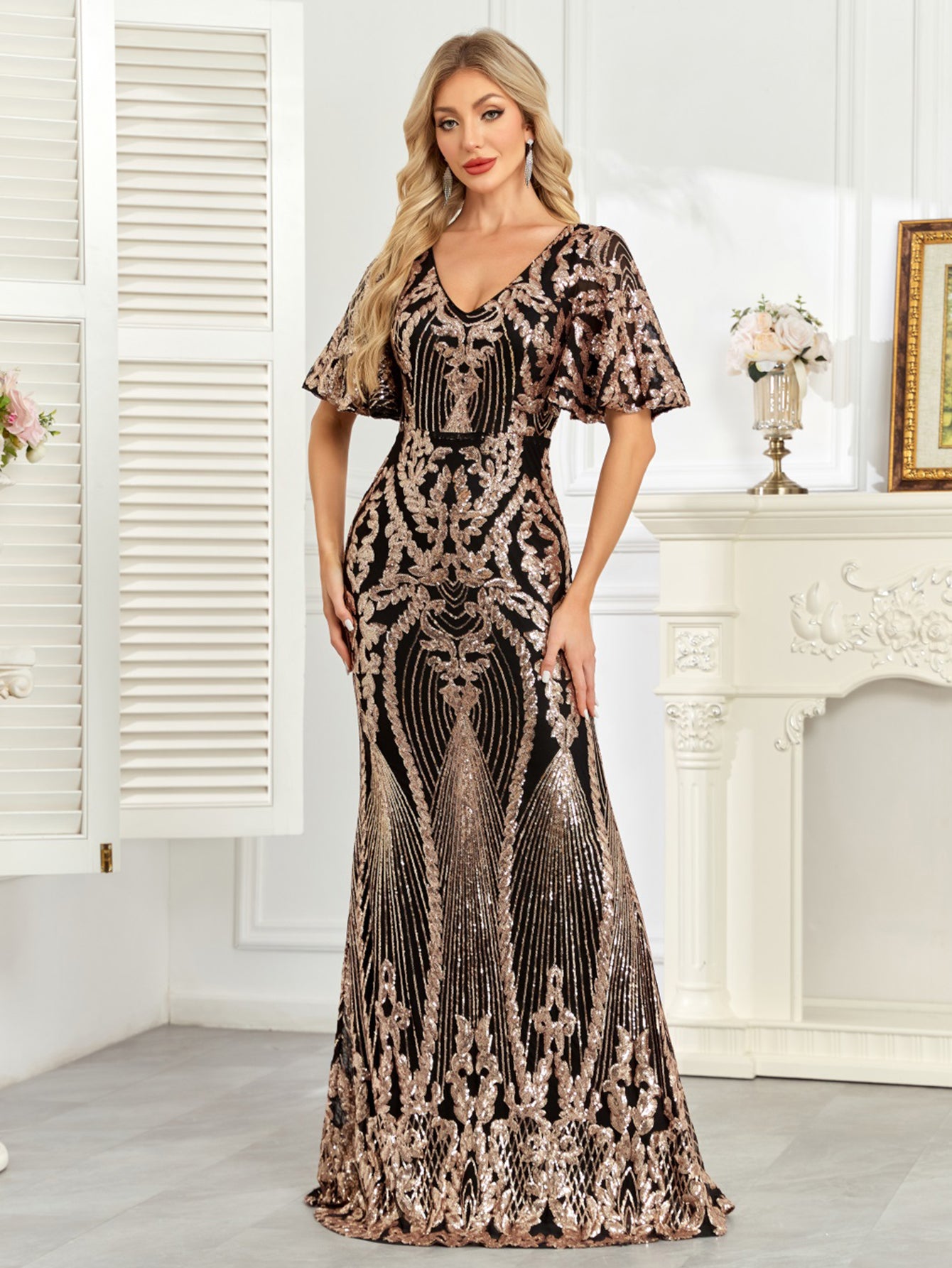 Black Rose Gold Sequin Flutter Sleeve Mermaid Evening Gown