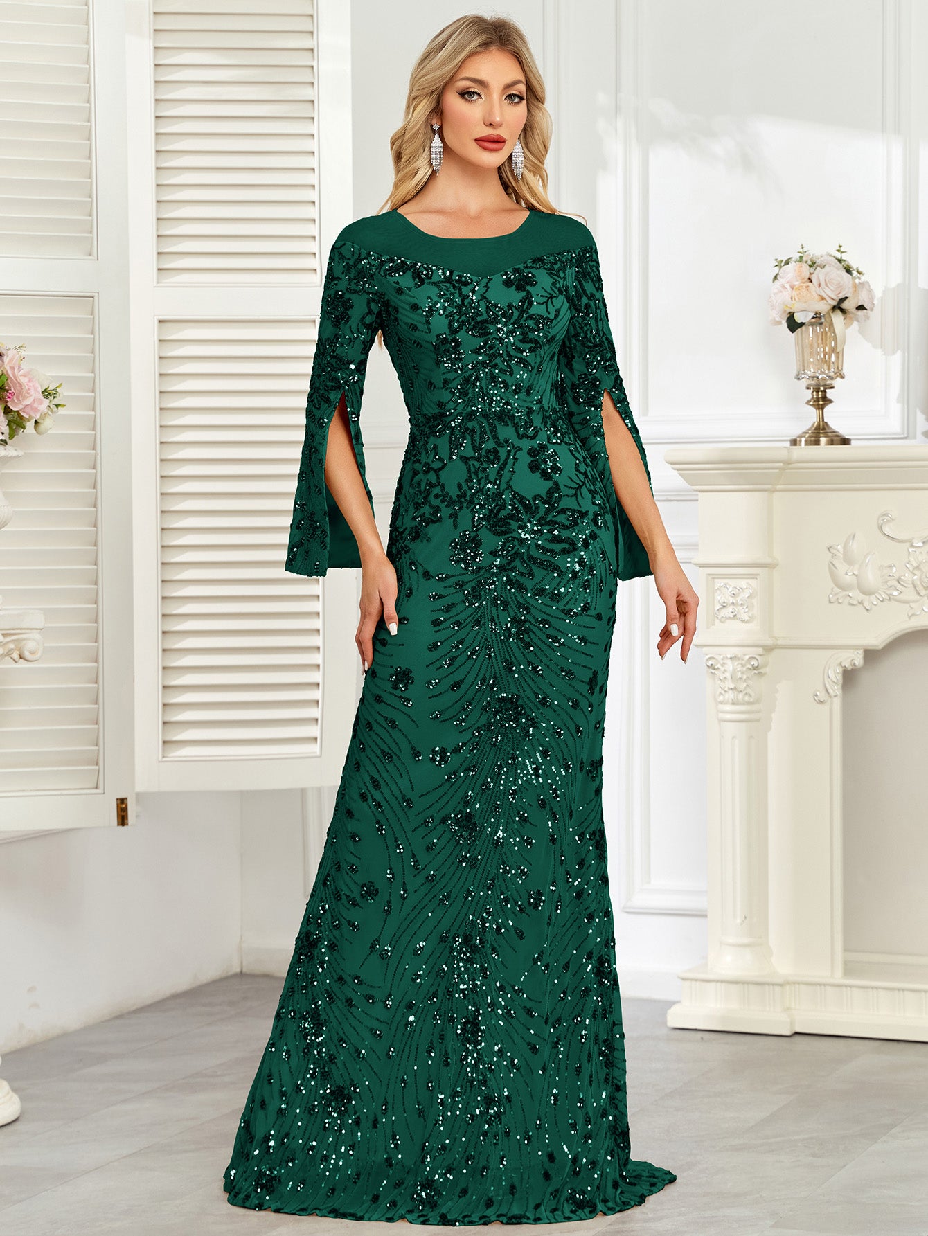 Royal Blue Sequin Split Flare‑Sleeve Mermaid Evening Gown