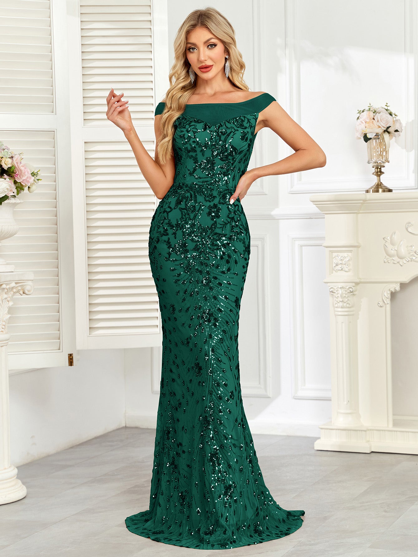 Royal Blue Sequin Off‑Shoulder Mermaid Evening Gown