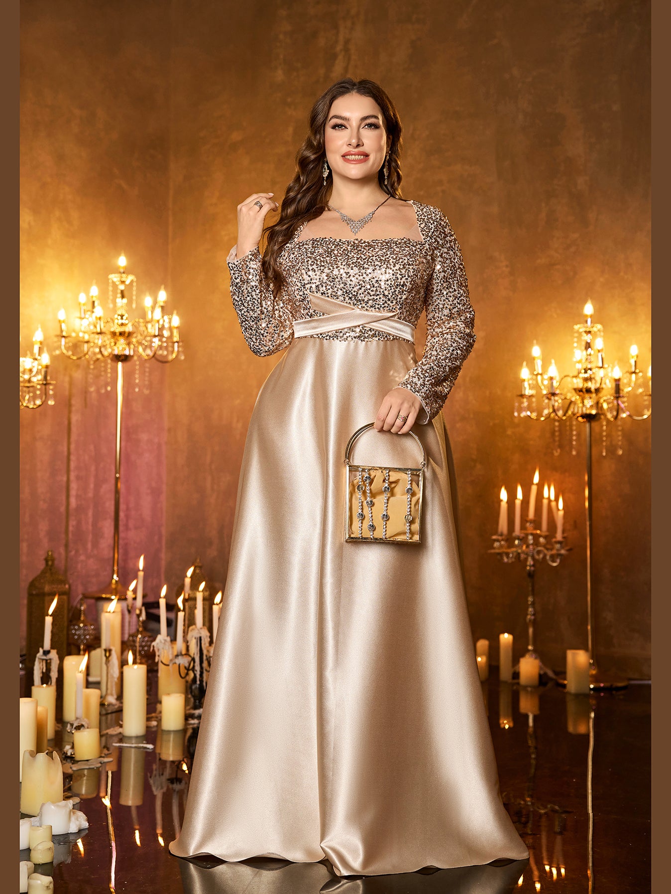 Champagne Silver Beaded High‑Waist A‑Line Plus Size Evening Gown