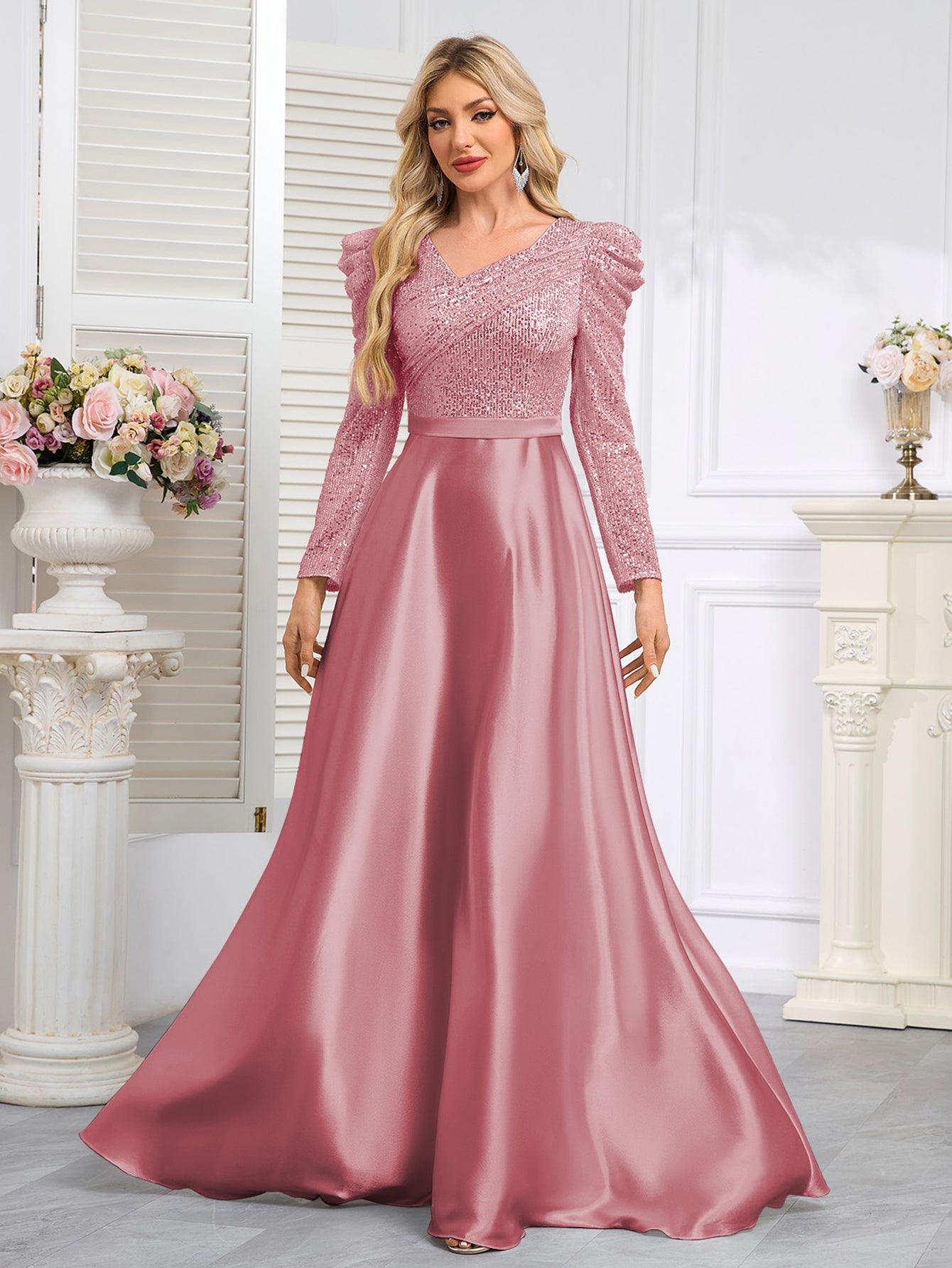 Dark Blue Satin Sequin Maxi Dress