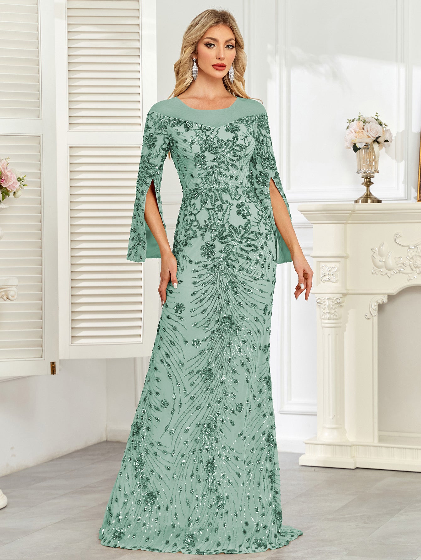 Royal Blue Sequin Split Flare‑Sleeve Mermaid Evening Gown