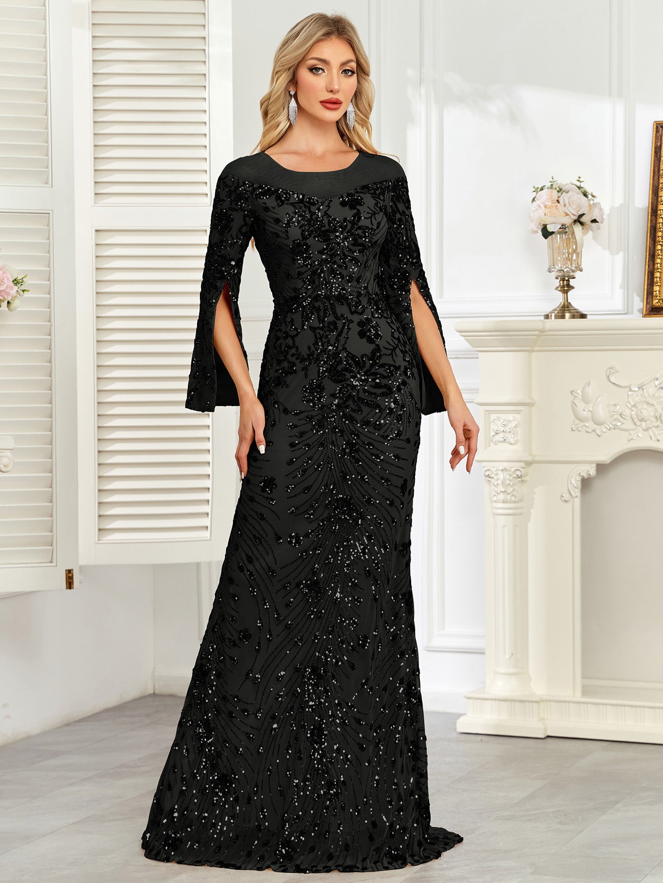 Royal Blue Sequin Split Flare‑Sleeve Mermaid Evening Gown
