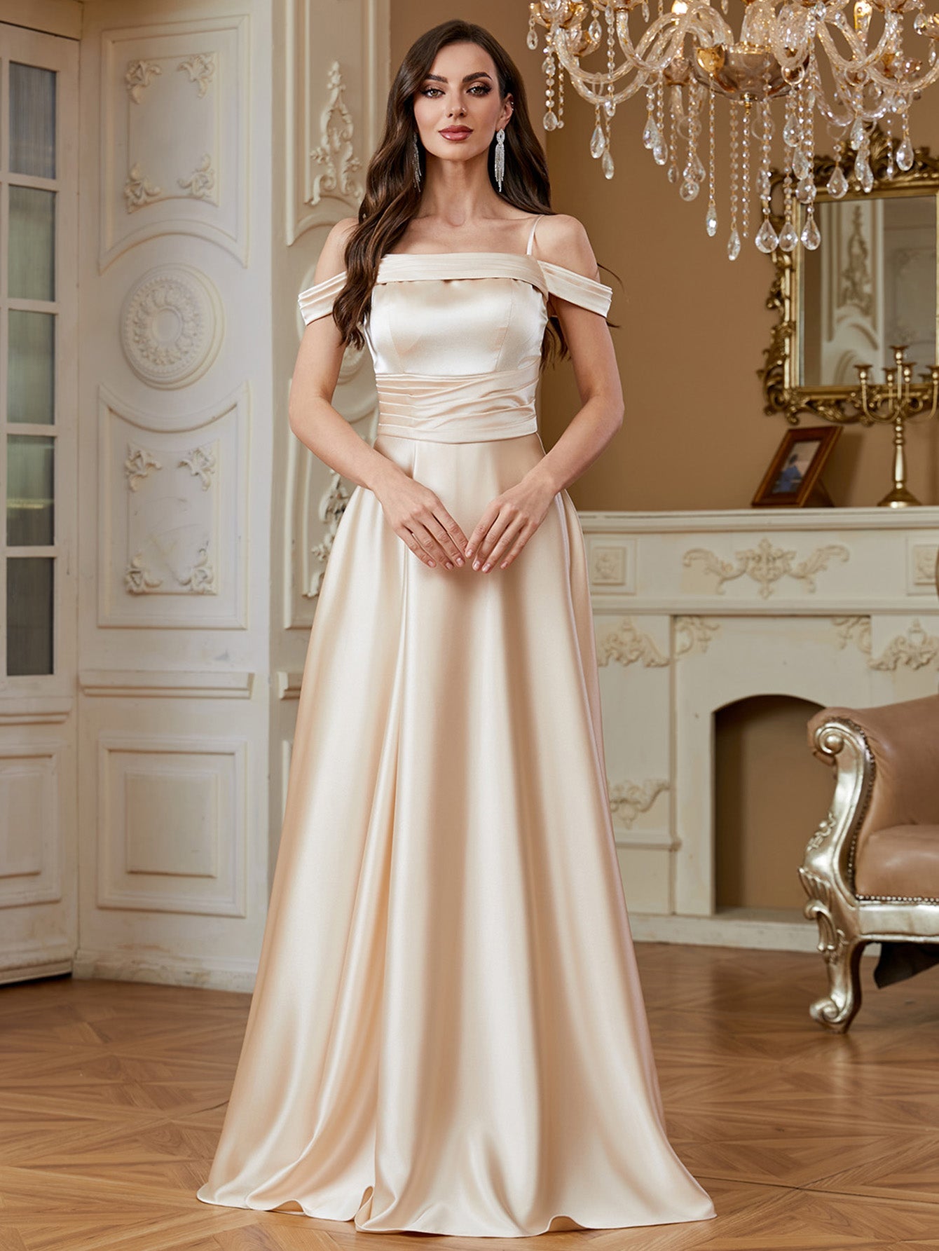 Champagne Off‑Shoulder Strap Satin A‑Line Evening Gown