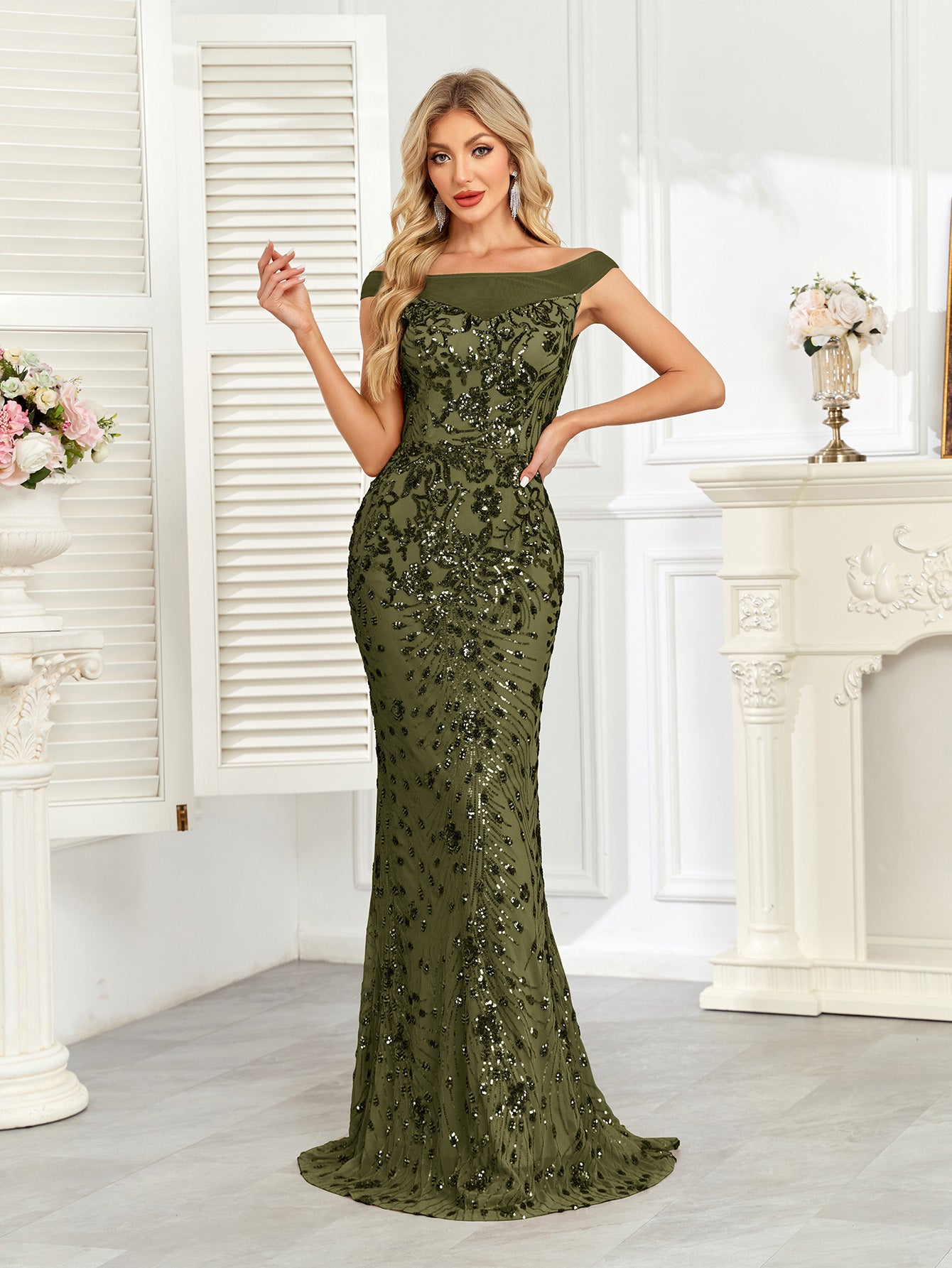 Royal Blue Sequin Off‑Shoulder Mermaid Evening Gown