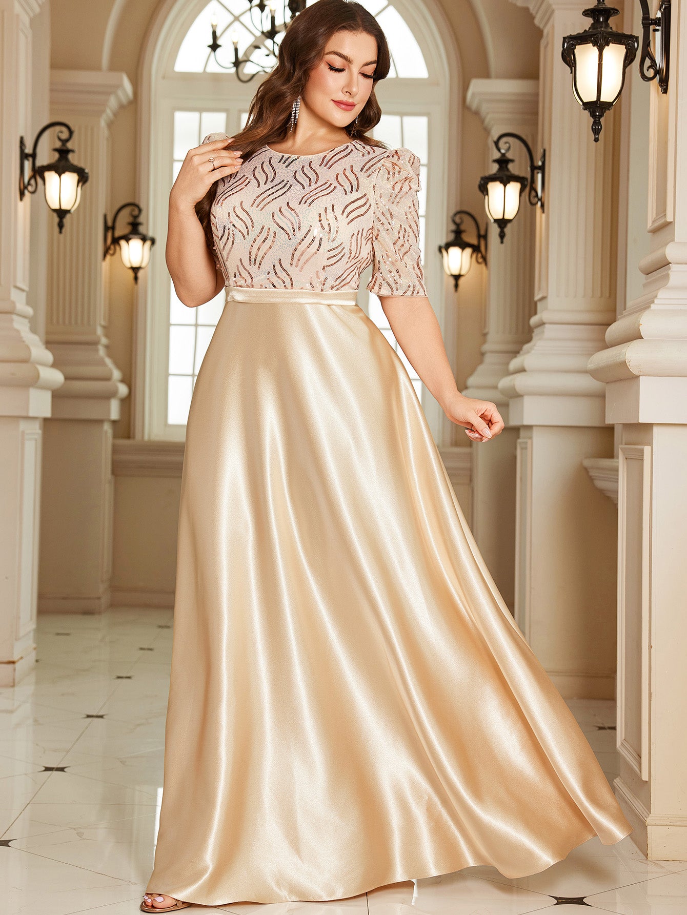 Champagne Gold Sequin Puff Sleeve High‑Waist A‑Line Maxi Gown