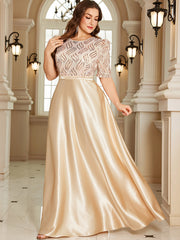 Champagne Gold Sequin Puff Sleeve High‑Waist A‑Line Maxi Gown