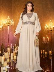 Off‑White Sheer Chiffon Lantern Sleeve Silver Beaded Waist Plus‑Size A‑Line Formal Dress