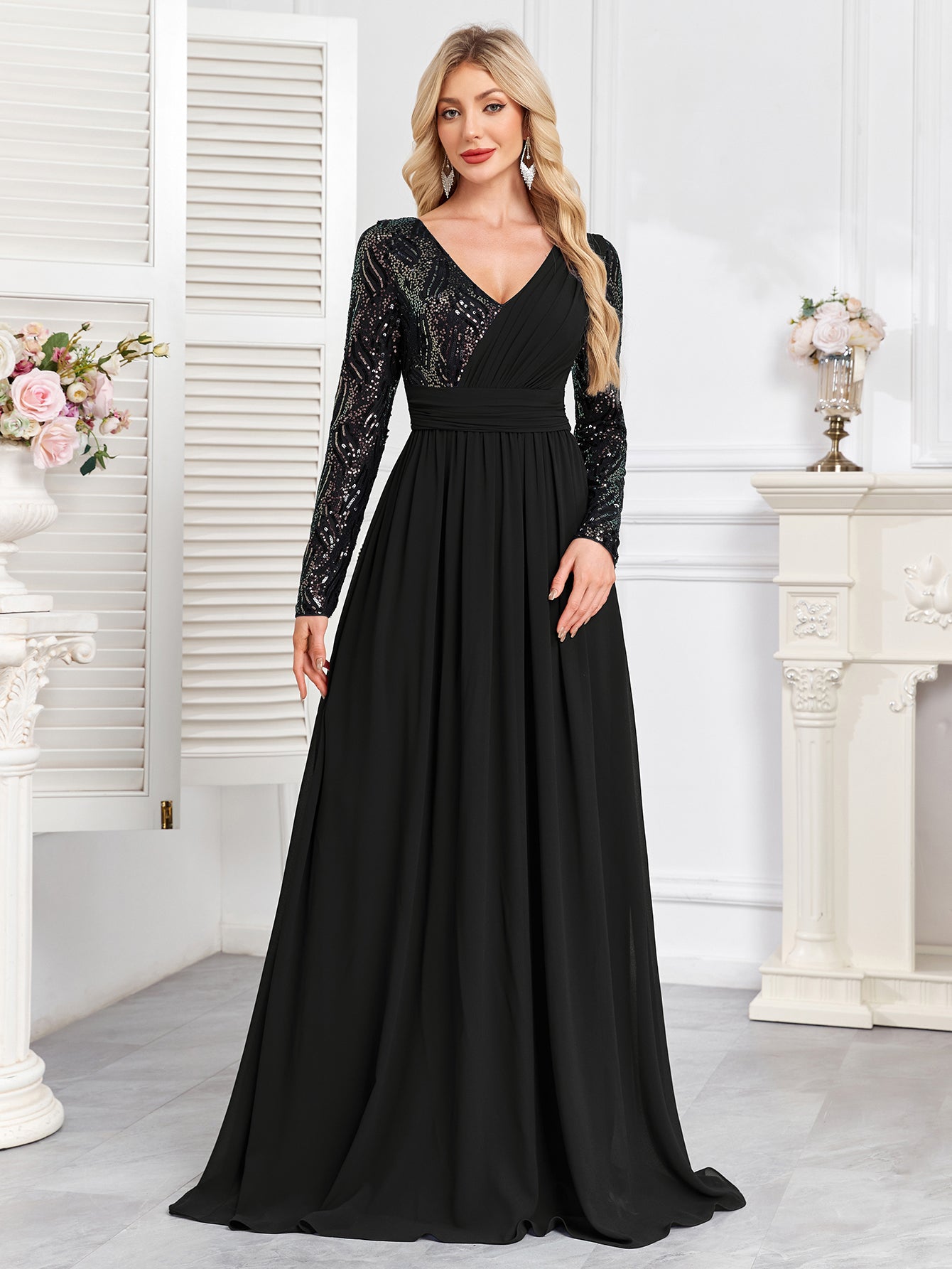 Navy Blue Multicolor Sequin Long Sleeve A‑Line Evening Gown