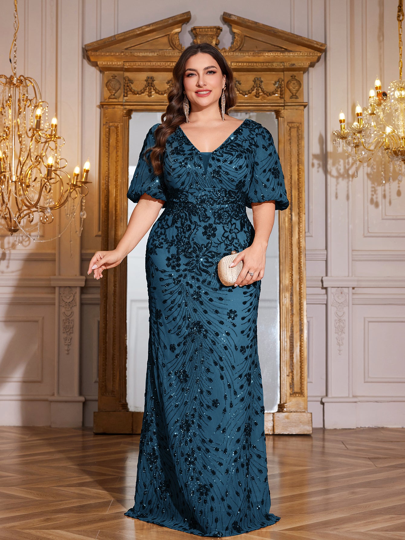 Navy Blue Sequin Puff Short Sleeve Mermaid Plus Size Evening Gown