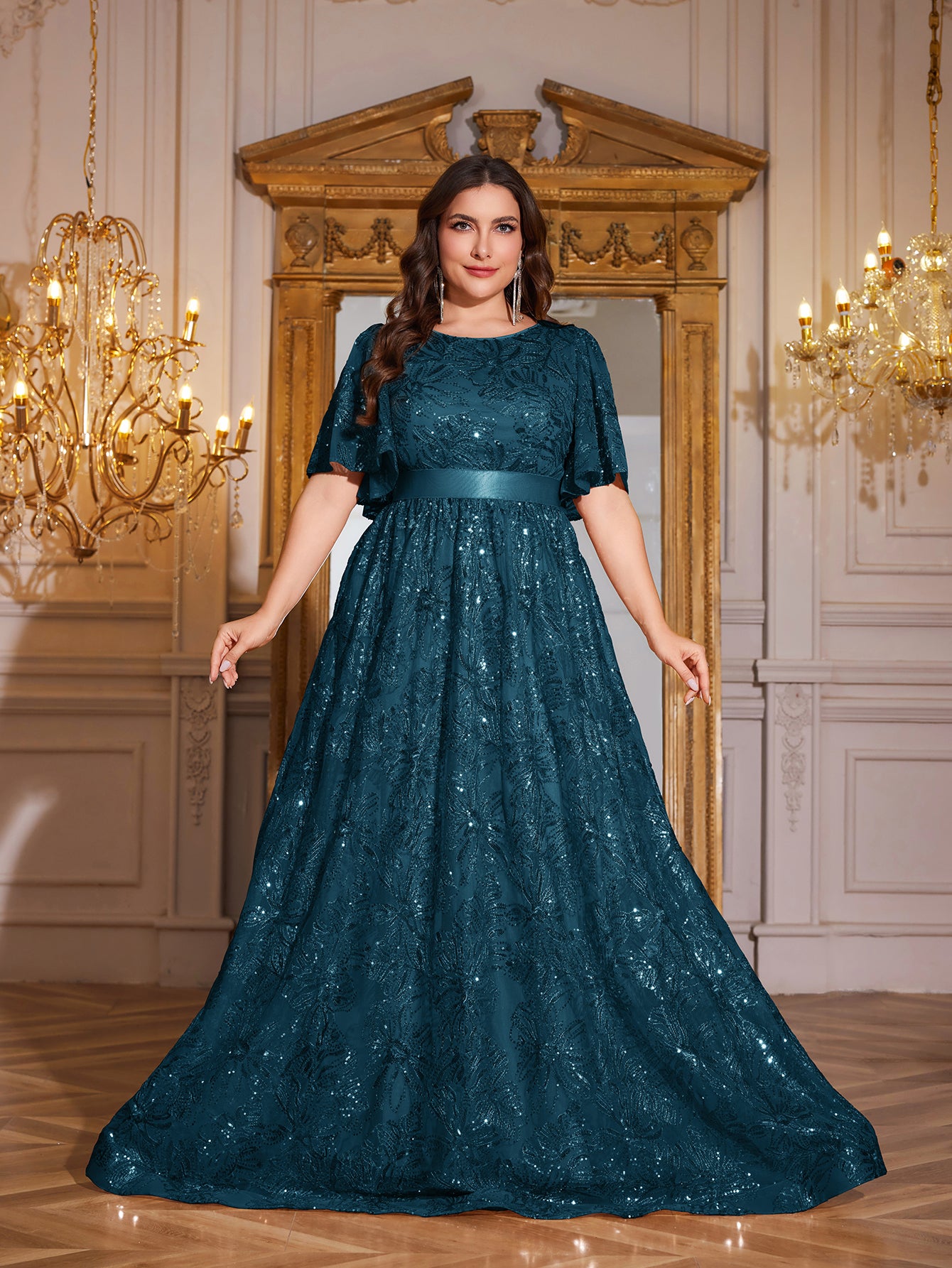 Rose Gold Sequin Flutter Sleeve Empire Waist A‑Line Plus Size Evening Gown