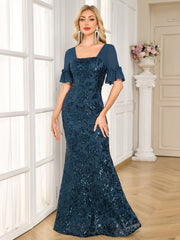 Teal Blue Square Neck Ruffle Half Sleeve Mermaid Evening Gown