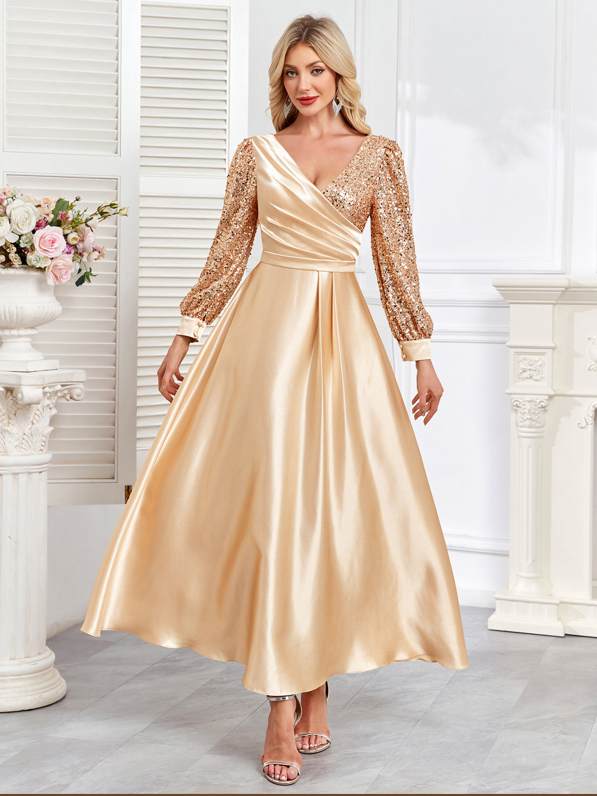 Champagne Satin Sequin Lantern Sleeve A‑Line Evening Gown