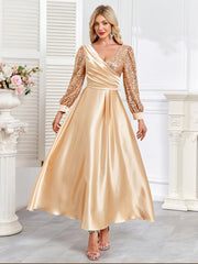 Champagne Satin Sequin Lantern Sleeve A‑Line Evening Gown