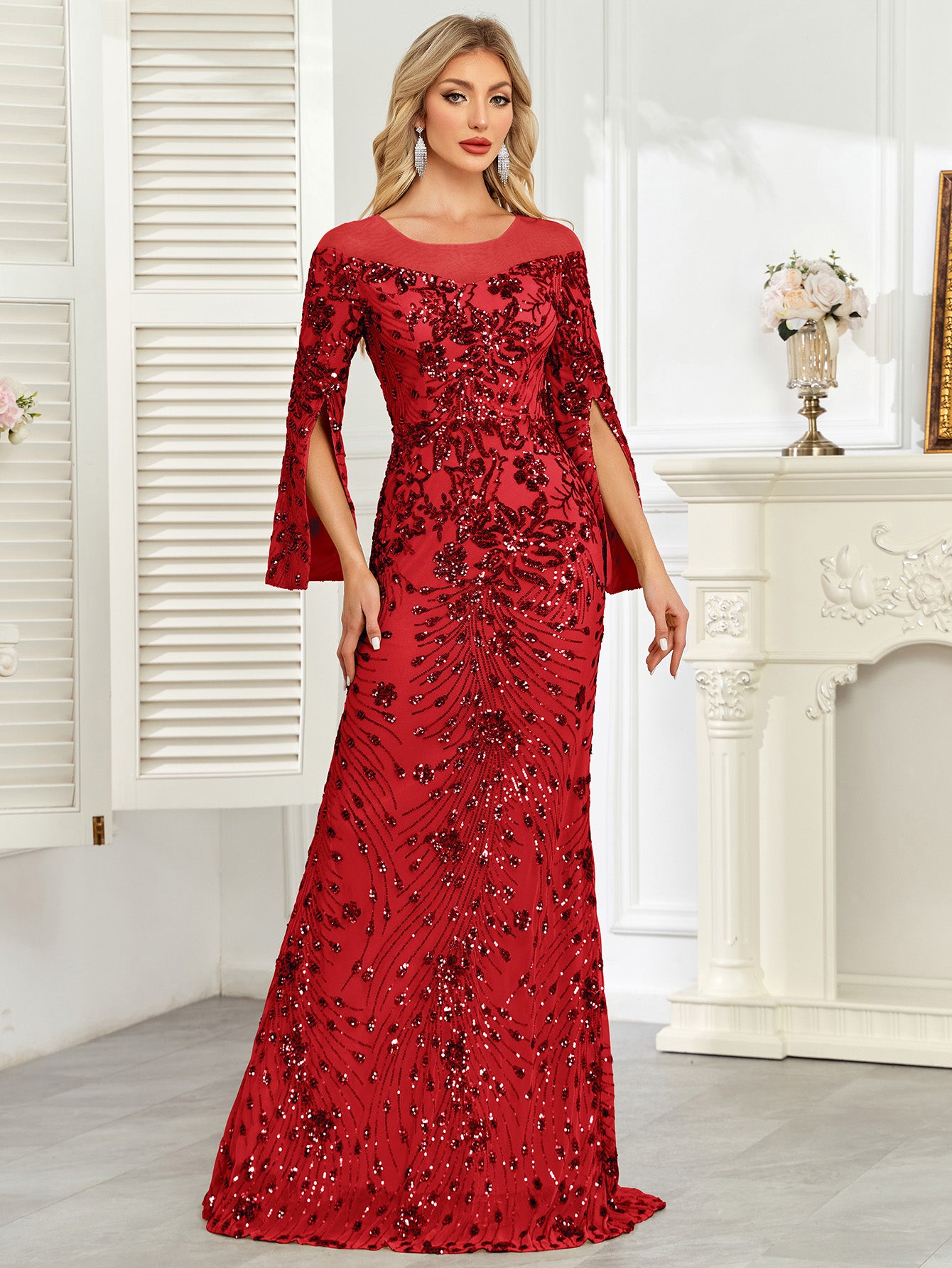 Royal Blue Sequin Split Flare‑Sleeve Mermaid Evening Gown