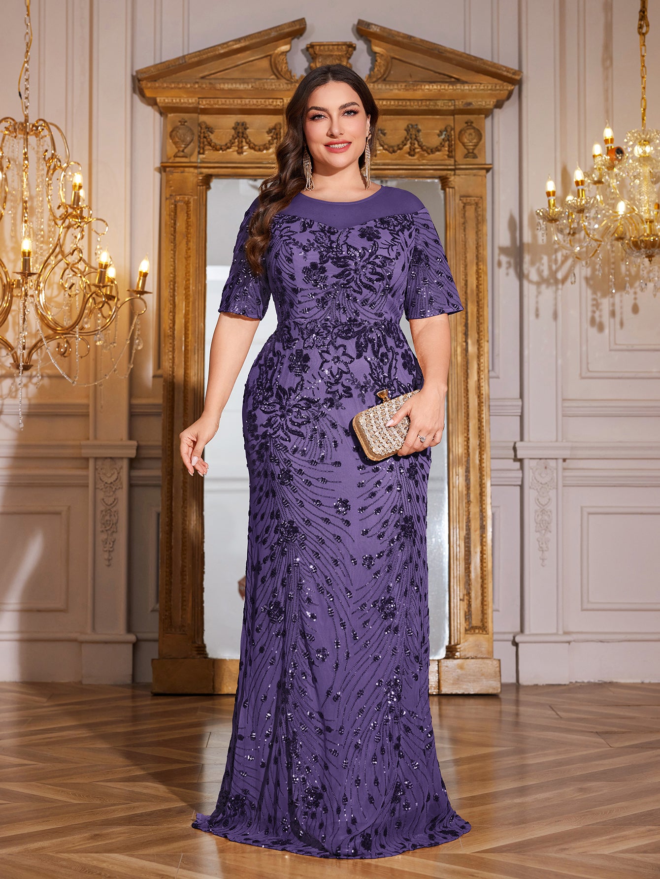 Teal Green Sequin Short Sleeve Mermaid Plus Size Evening Gown