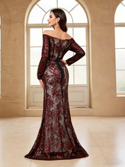 Tailored Off Shoulder Sequin Embroidered Long Dress