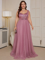 Dusty Rose Sequin Bodice A Line Plus Size Evening Gown