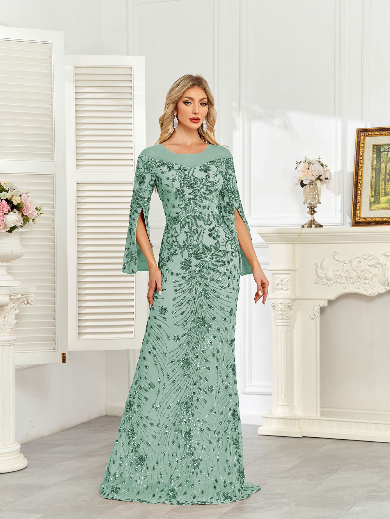 Royal Blue Sequin Split Flare‑Sleeve Mermaid Evening Gown