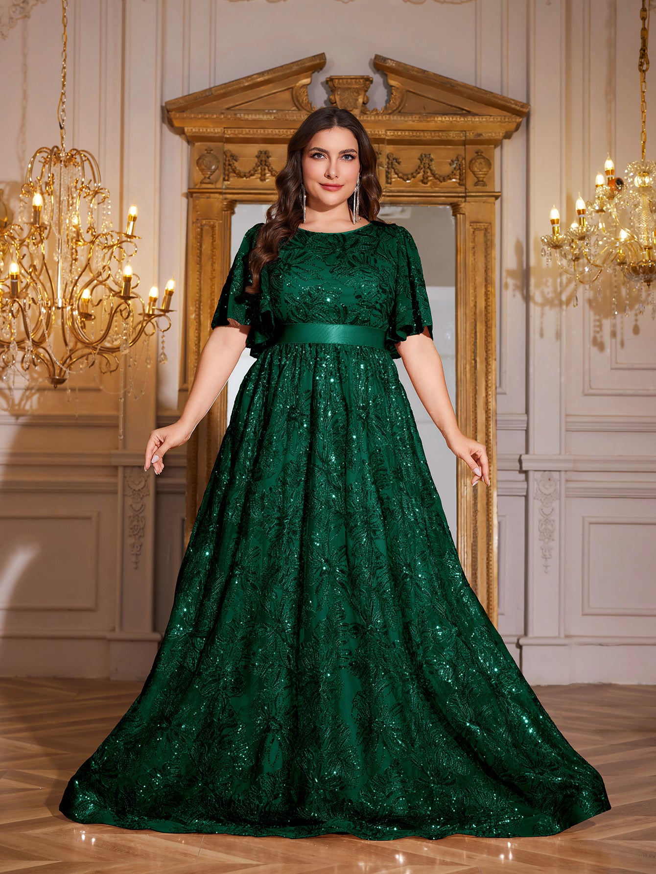 Rose Gold Sequin Flutter Sleeve Empire Waist A‑Line Plus Size Evening Gown