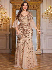 Bronze Gold Floral Sequin 3/4 Bell Sleeve Mesh Mermaid Plus Size Evening Gown