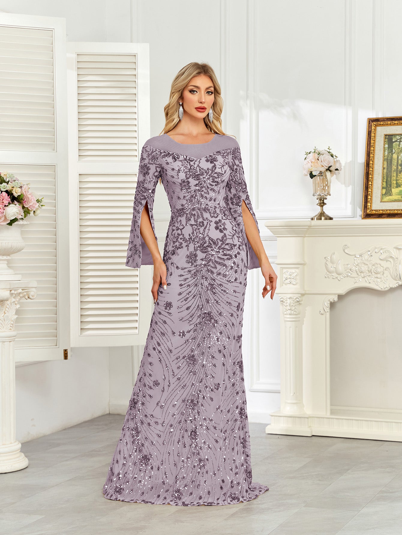 Royal Blue Sequin Split Flare‑Sleeve Mermaid Evening Gown